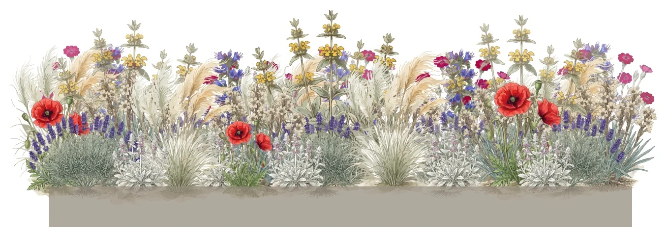 Front view of a 1.5 × 3m full-sun drought border: tall at the back, low mounds at the front, grasses floating through. Illustration credit: SD Landscapes / Garden Pal